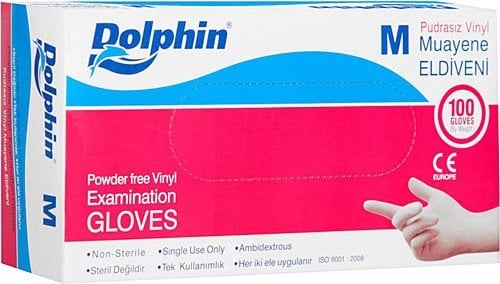 Dolphin Beyaz Vinil Muayene Eldiveni Pudrasız (M) 100 Adet x 20 Paket (Koli)