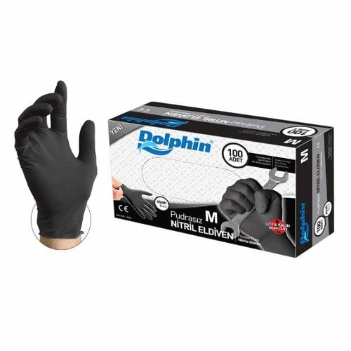 Dolphin Siyah Nitril Eldiven Pudrasız (M) - 100 Adet (Paket)